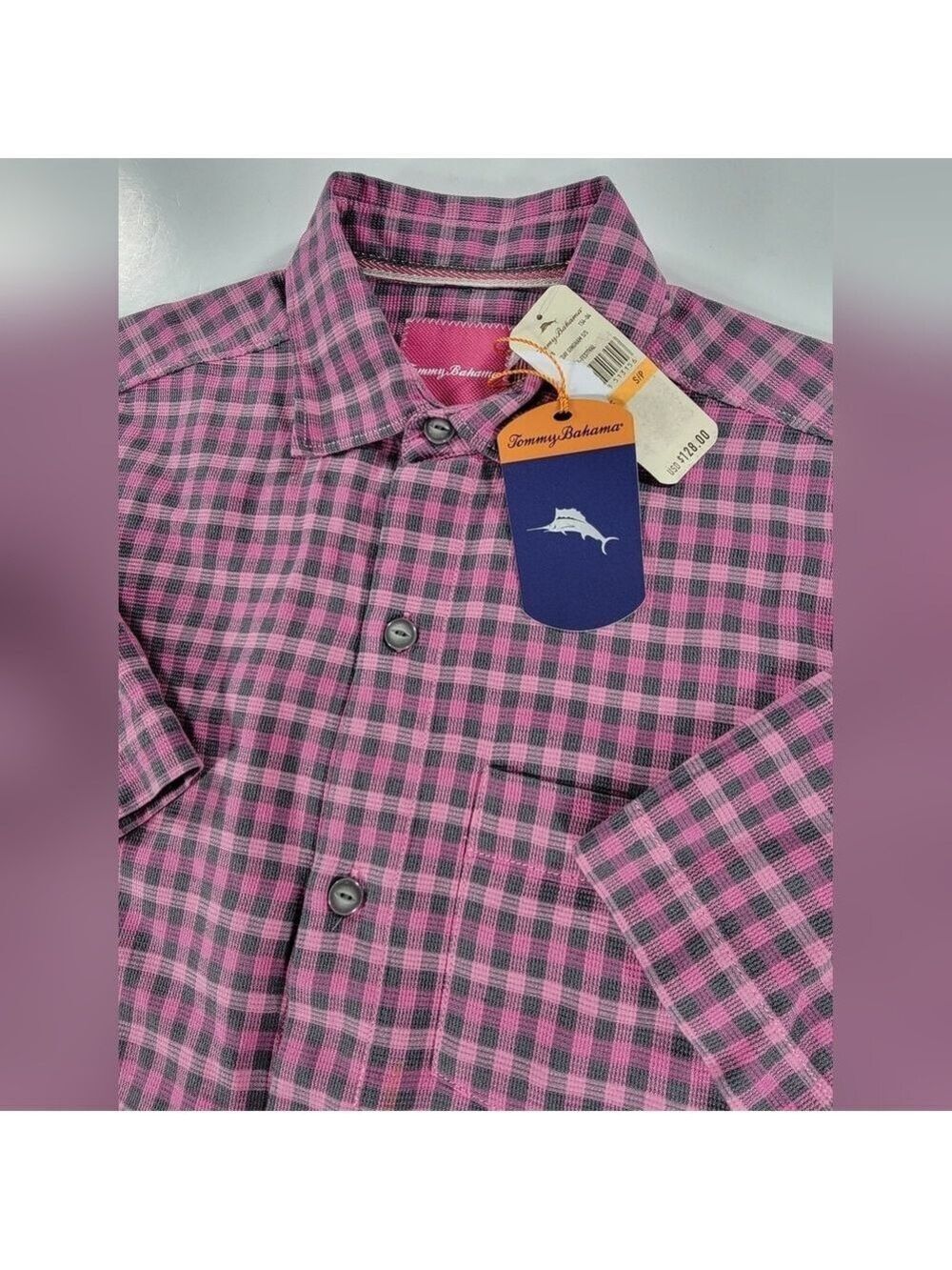 NEW Tommy Bahama Camp Shirt Mens Small 100% Silk Pink Gray Gingham Plaid NWT